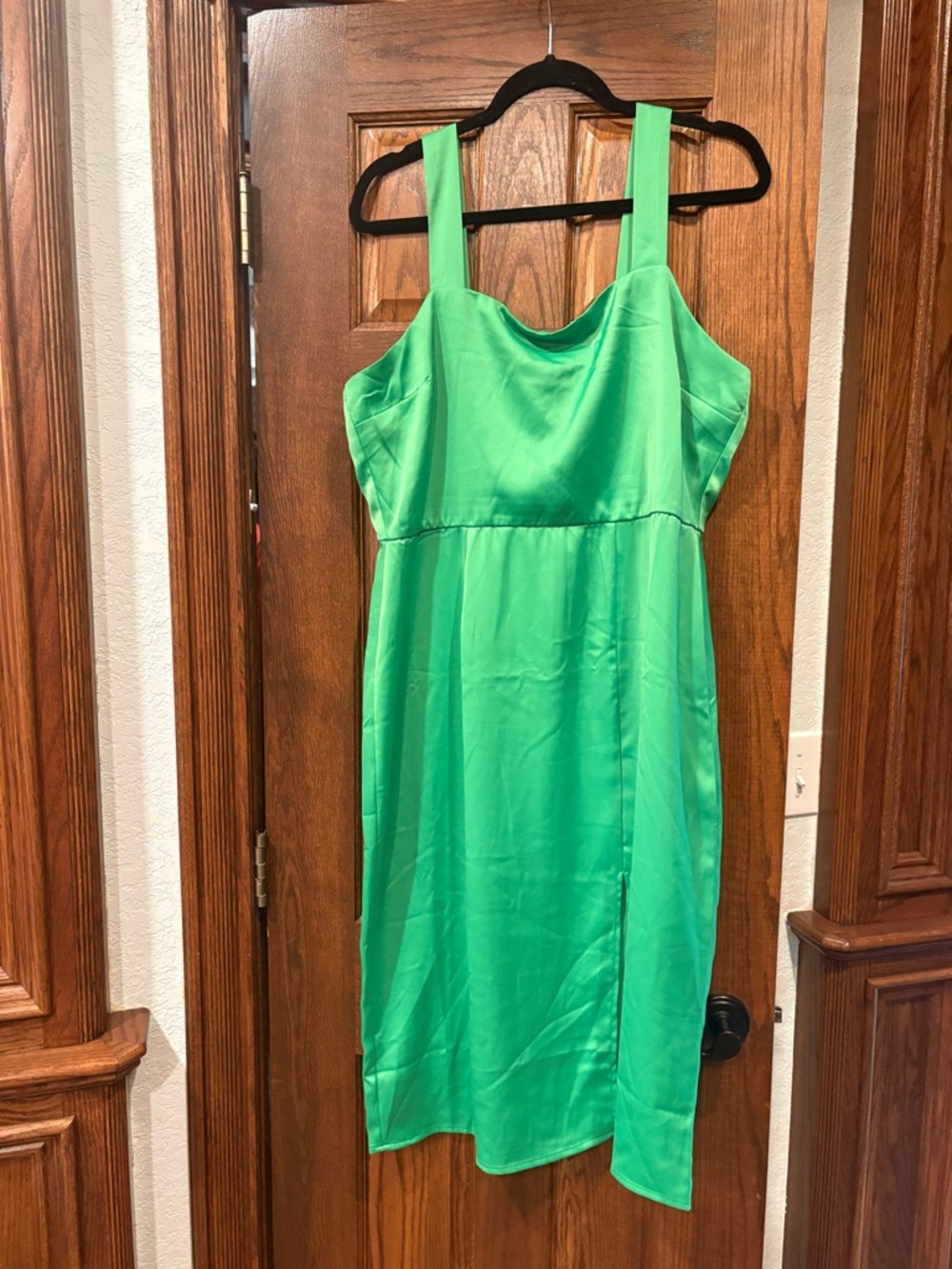 Blue Rain Green Satin Midi Dress with Side Slit - Picture 2 of 12